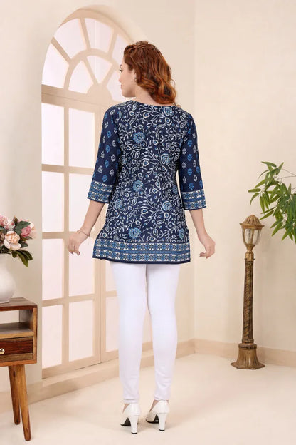 Indigo Cotton Short Kurti Tunic Top with Ethnic Motifs for Women