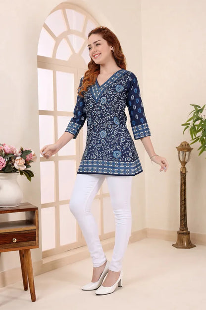 Indigo Cotton Short Kurti Tunic Top with Ethnic Motifs for Women