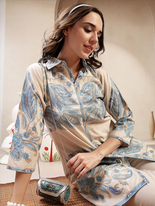 Women Printed Shirt Collar Top and Palazzos Co-Ords