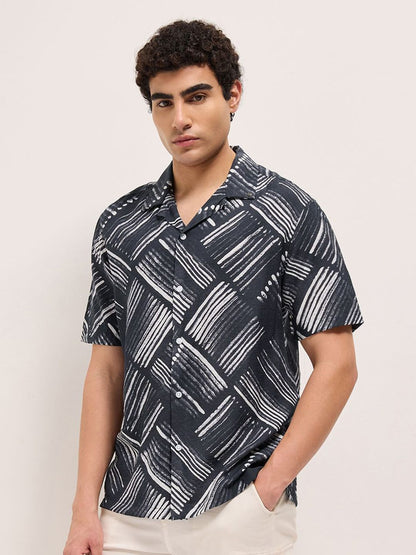 Men Relaxed Fit Geometric Printed Cuban Collar Casual Shirt