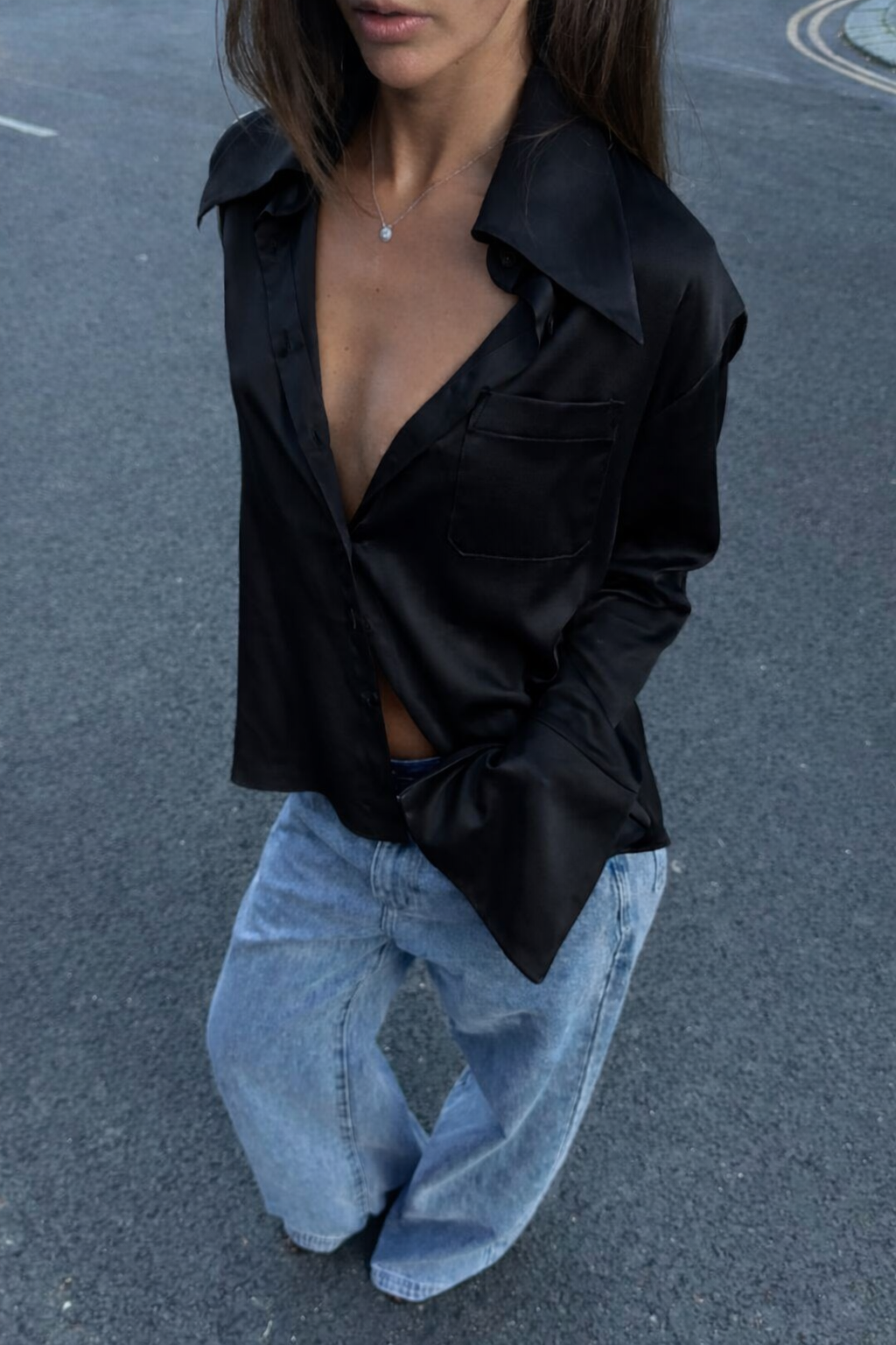 Signature Ease Luxe Satin Shirt - Black