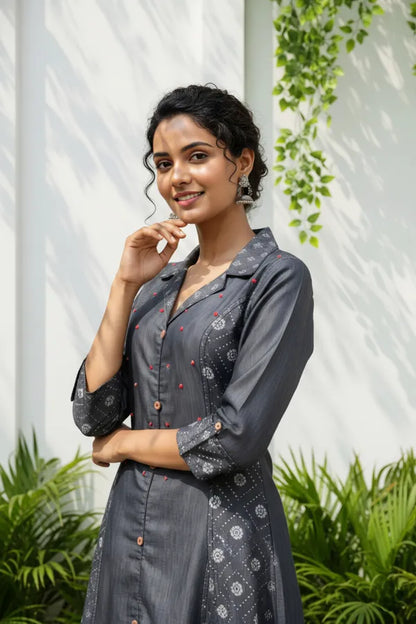 Exclusive Denim Black A Line Indo Western Dress With Coat Collar