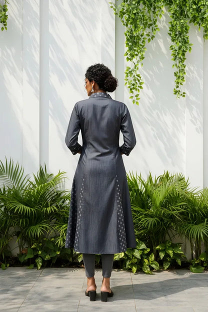 Exclusive Denim Black A Line Indo Western Dress With Coat Collar