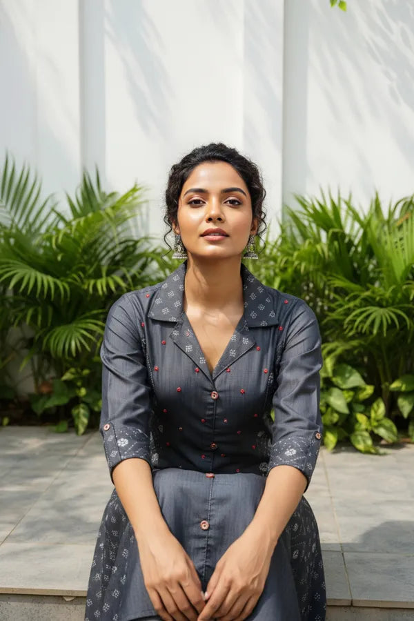 Exclusive Denim Black A Line Indo Western Dress With Coat Collar