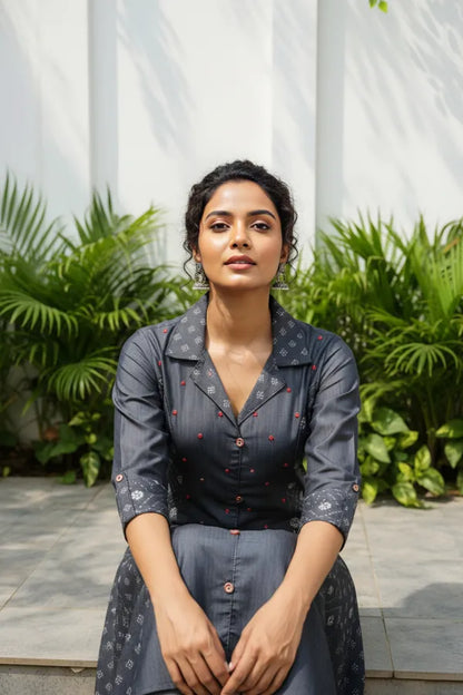 Exclusive Denim Black A Line Indo Western Dress With Coat Collar