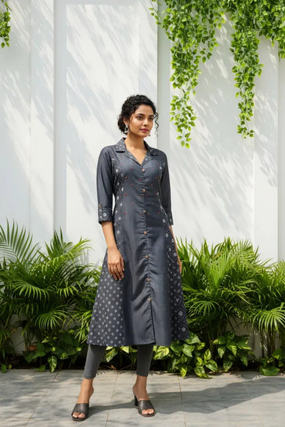 Exclusive Denim Black A Line Indo Western Dress With Coat Collar