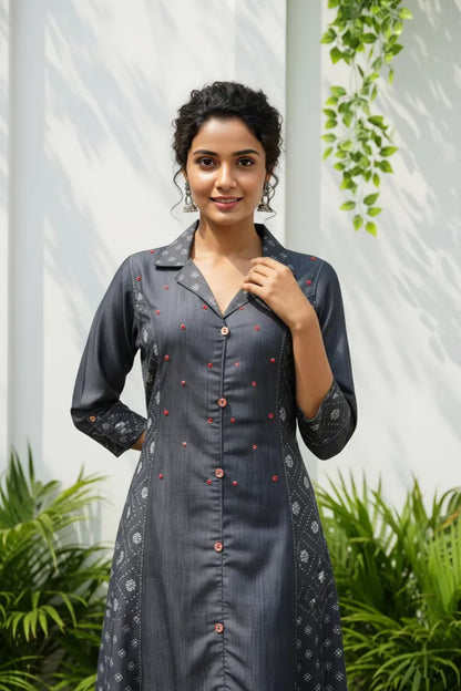 Exclusive Denim Black A Line Indo Western Dress With Coat Collar