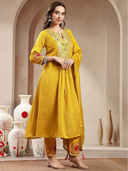 Women Solid Embroidered Kurta with Pyjamas & Dupatta