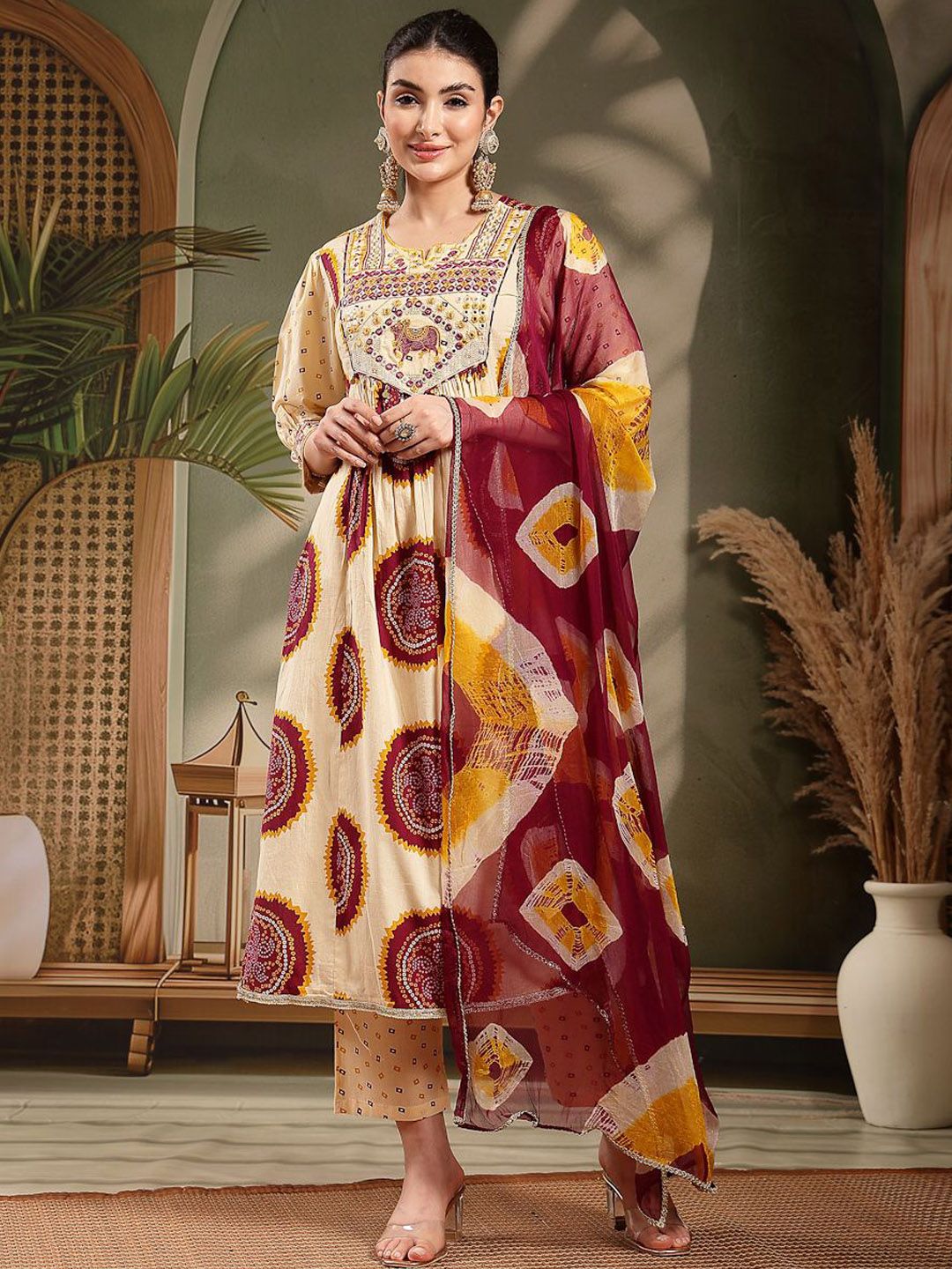 Women Bandhani Printed Thread Work Pure Cotton Kurta with Trousers & With Dupatta