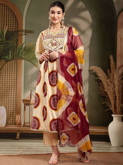 Women Bandhani Printed Thread Work Pure Cotton Kurta with Trousers & With Dupatta