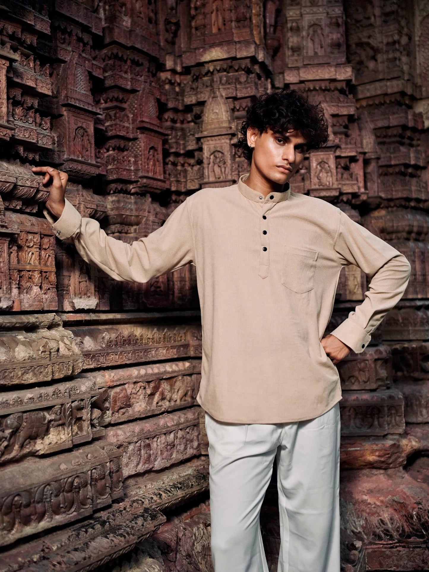 Beige Corduroy Short Kurta
