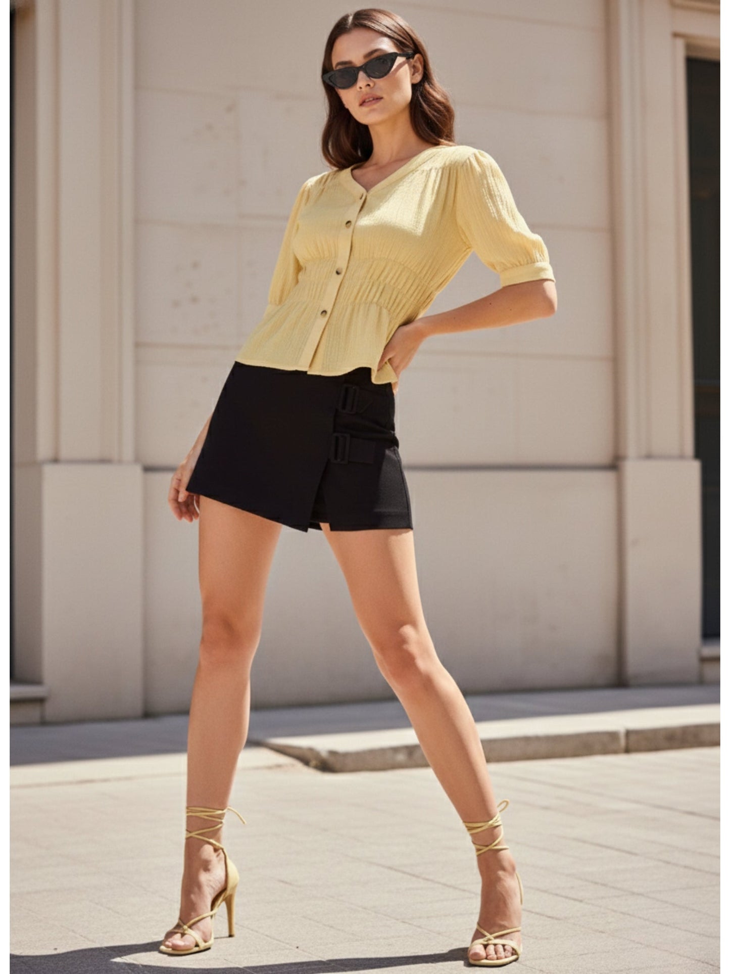 Yellow Front Buttoned Top With Waist Ruching