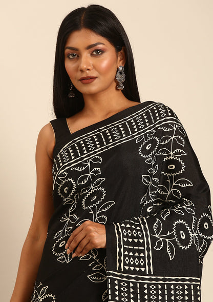 Black Abstract Printed Tussar saree
