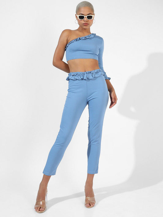 One Shoulder Ruffle Detailed Pure Cotton Top With Trousers Co-Ords