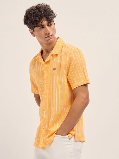 Striped Cuban Collar Relaxed Fit Linen Casual Shirt
