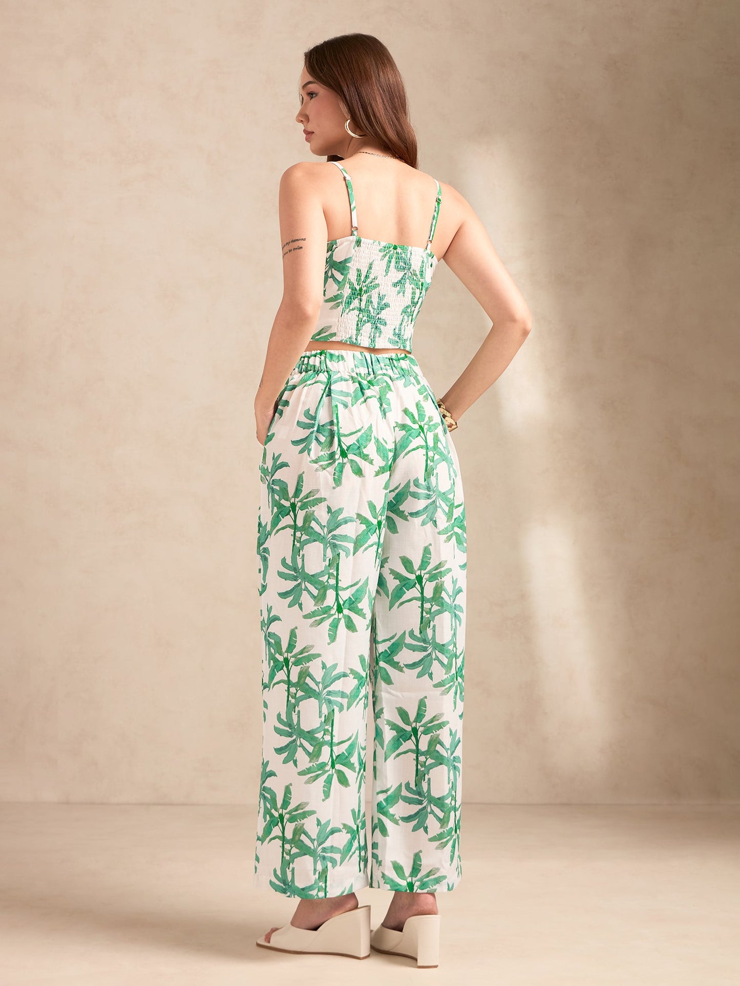 Off White Printed Coord Set With High Rise Wide Leg Trouser