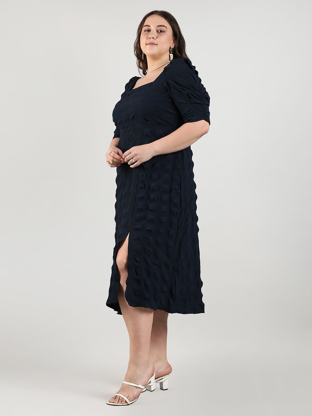 Plus Size Puff Sleeve Fit & Flare Midi Dress