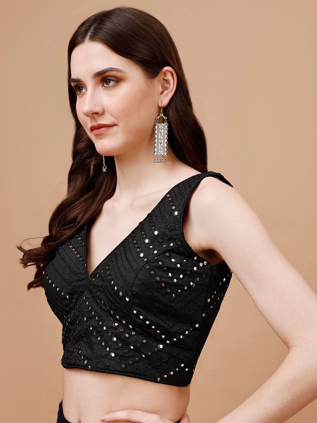 Mirror Work Embellished Sleeveless Saree Blouse