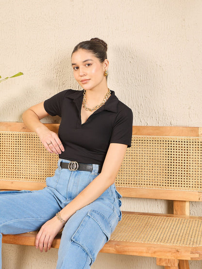 Stretchable Ribbed Polo Bodysuit