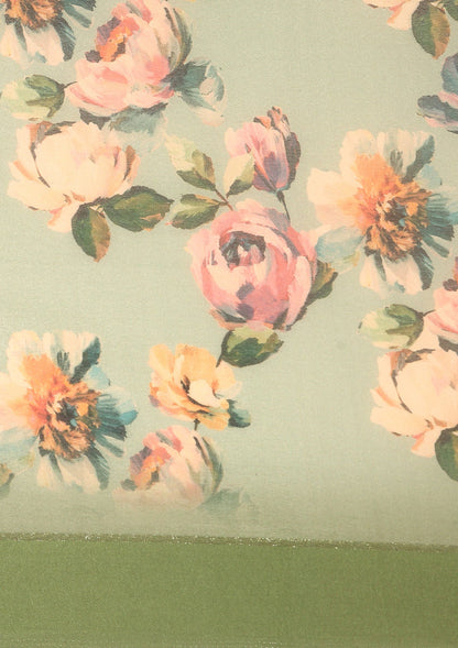 Dusty Green Floral Printed Georgette Saree