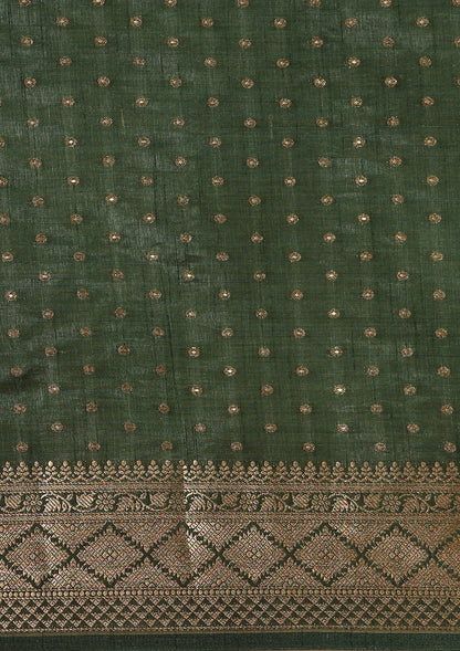 Dark Green Traditional Zari Butta Woven Tussar Saree