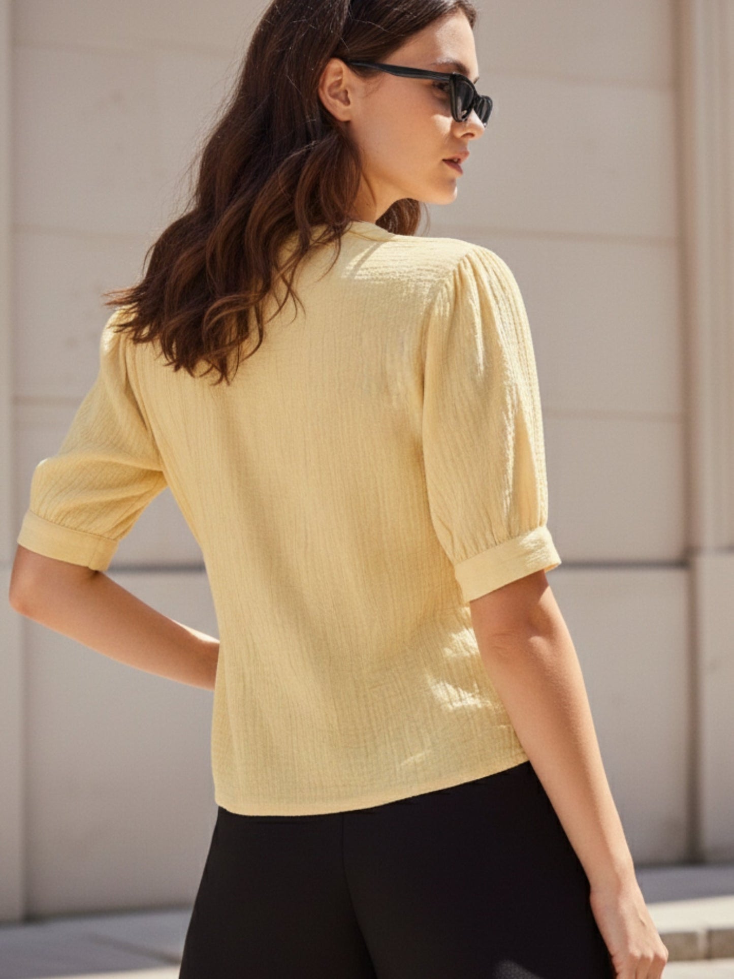 Yellow Front Buttoned Top With Waist Ruching