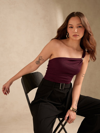 Wine One Shoulder Textured Metal Trim Top