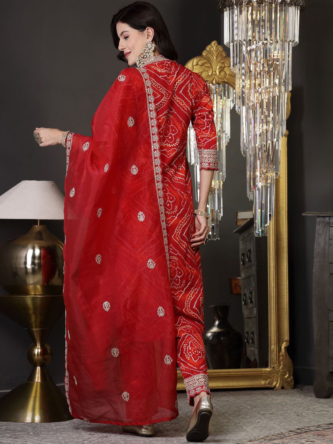 Women Bandhani Printed Regular Sequinned Kurta with Trousers & With Dupatta