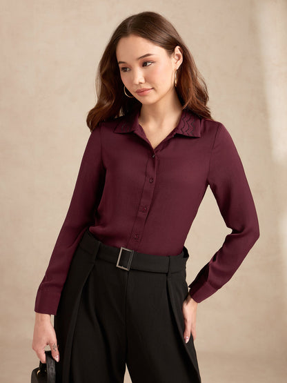 Wine Regular Satin Shirt With Embellished Collar