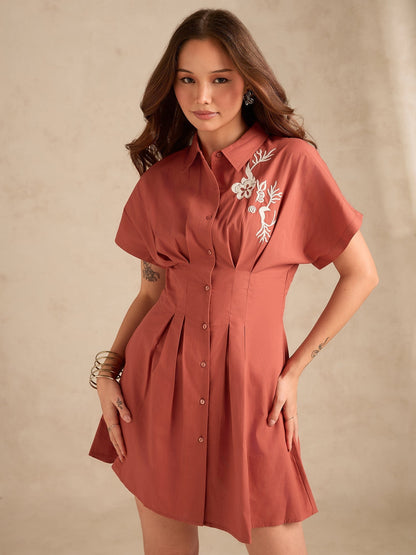 Rust Dolman Fit Printed Shirt Dress With Belt Detail