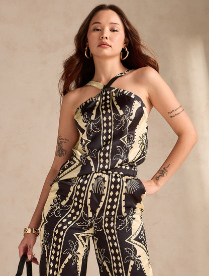 Black Scarf Print Coord Set With Halter Neck Assymentric Top Paired With Straight Fit Trousers