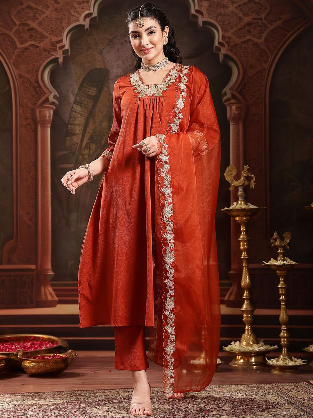 Women Solid Embroidered Anarkali Kurta with Trousers & Dupatta