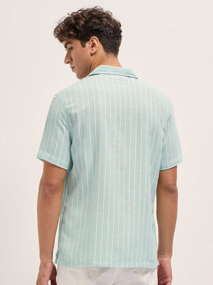 Men Relaxed Fit Vertical Striped Cuban Collar Linen Casual Shirt