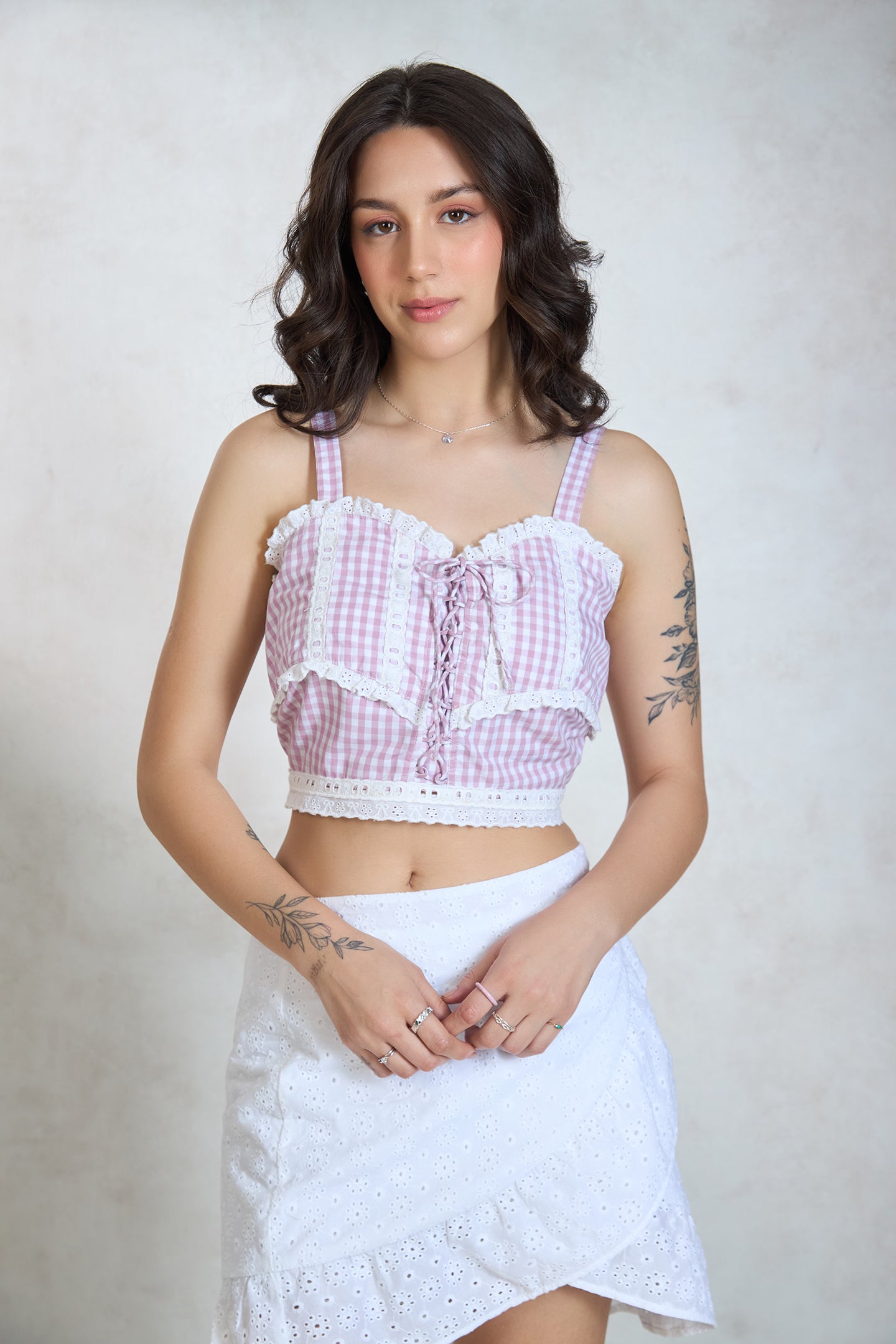 100% Cotton Gingham Tie Lace Detail Top