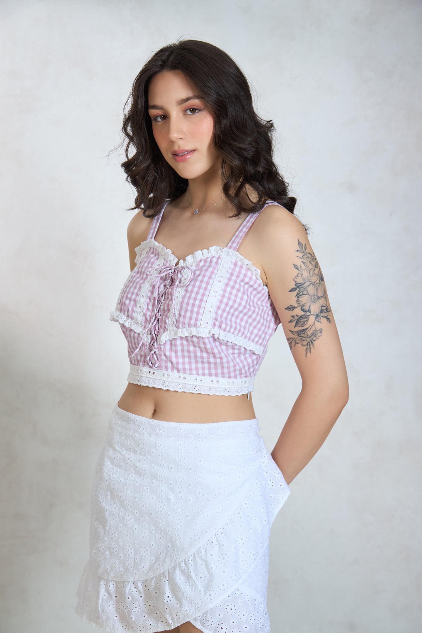 100% Cotton Gingham Tie Lace Detail Top