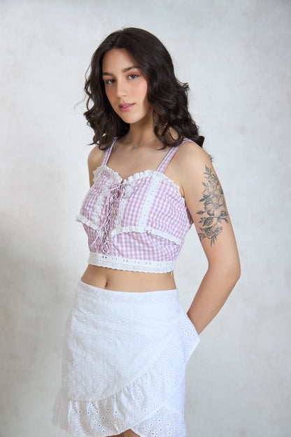 100% Cotton Gingham Tie Lace Detail Top