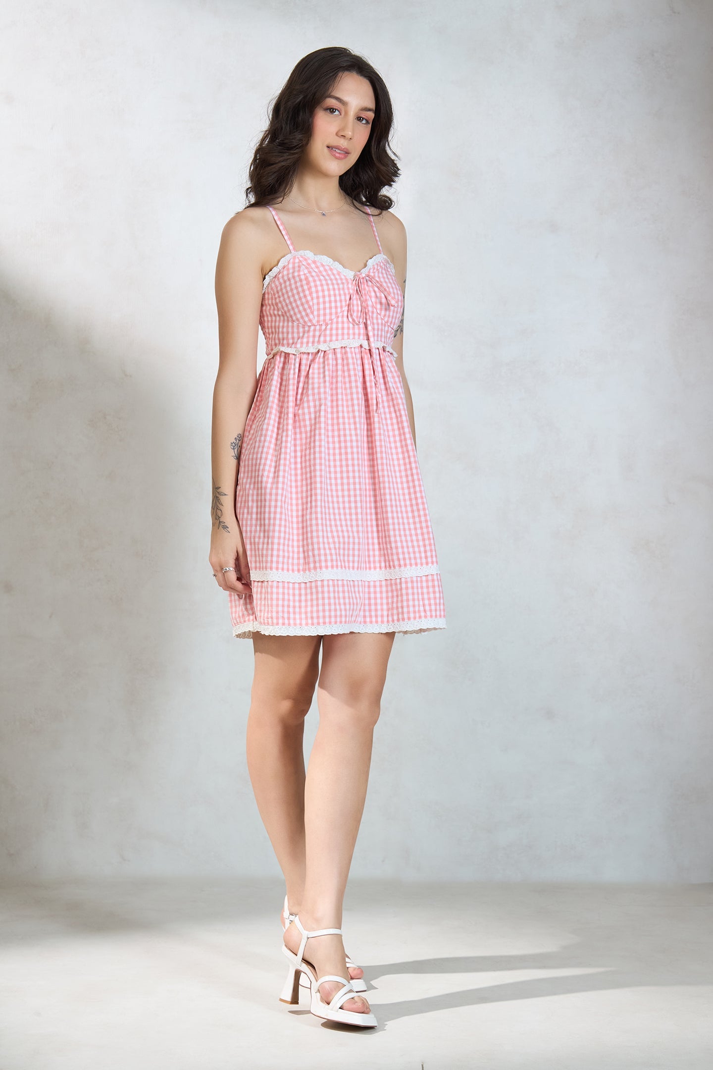 Gingham Lace Tiered Dress