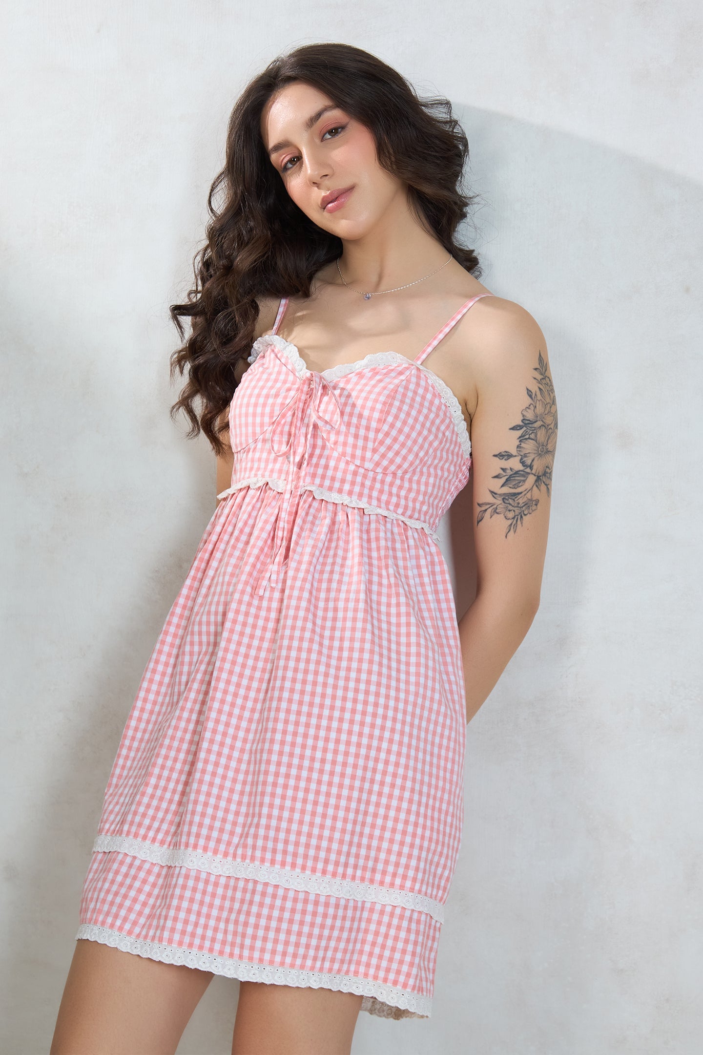 Gingham Lace Tiered Dress