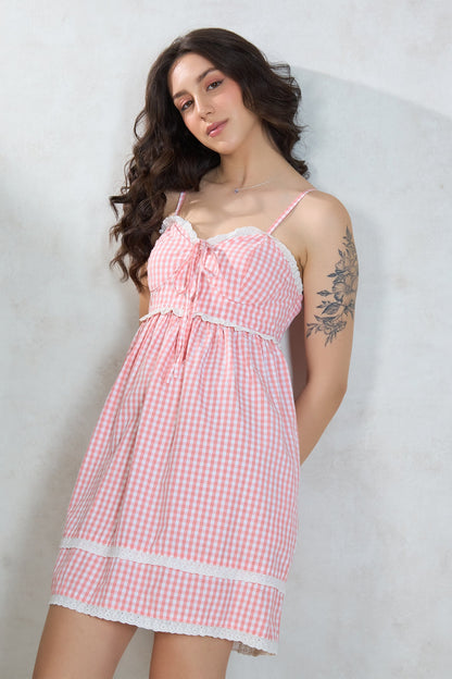 Gingham Lace Tiered Dress