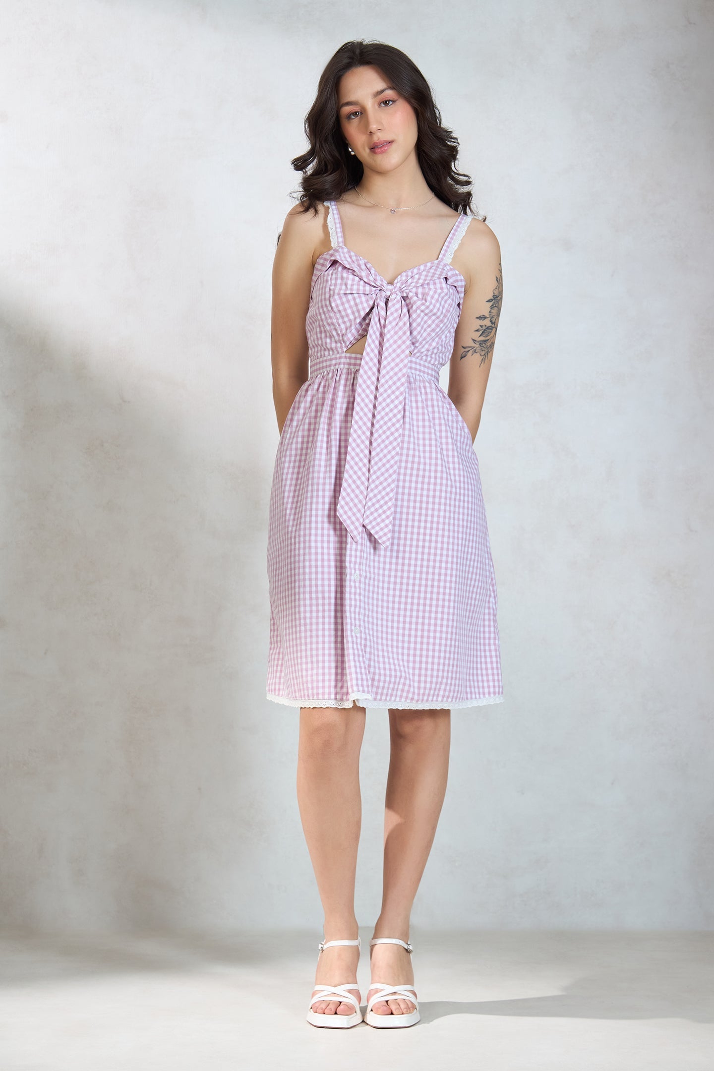 Gingham Cotton Front-Tie Dress