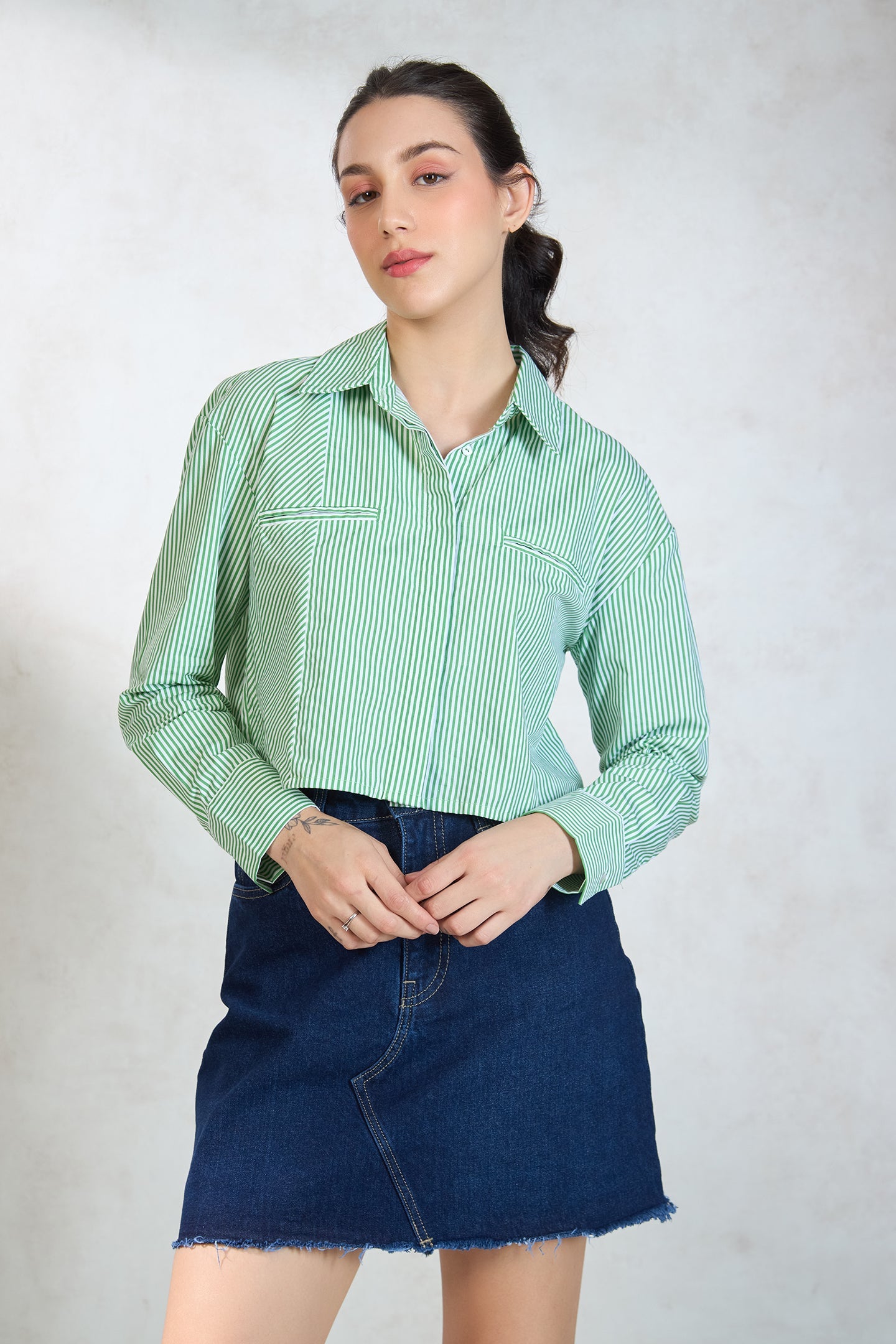 100% Cotton Green-White Striped Shirt