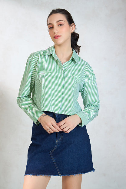 100% Cotton Green-White Striped Shirt
