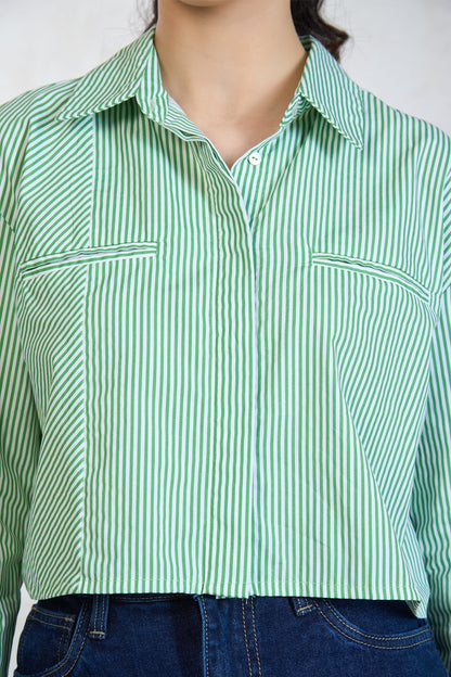 100% Cotton Green-White Striped Shirt