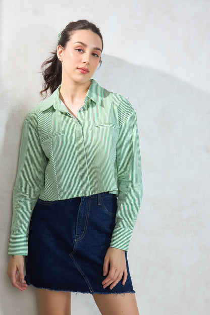 100% Cotton Green-White Striped Shirt