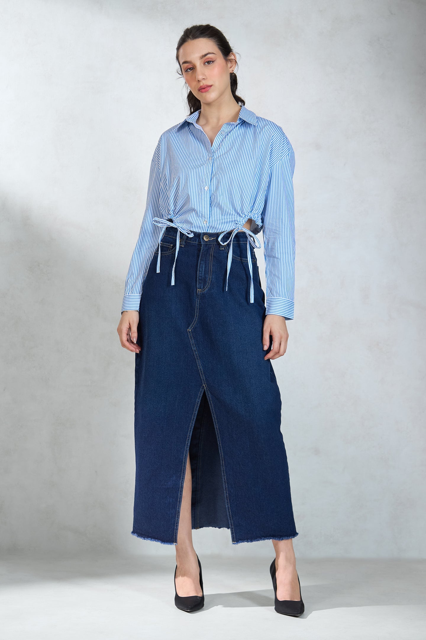 100% Cotton Relaxed Tie Hem Striped Shirt