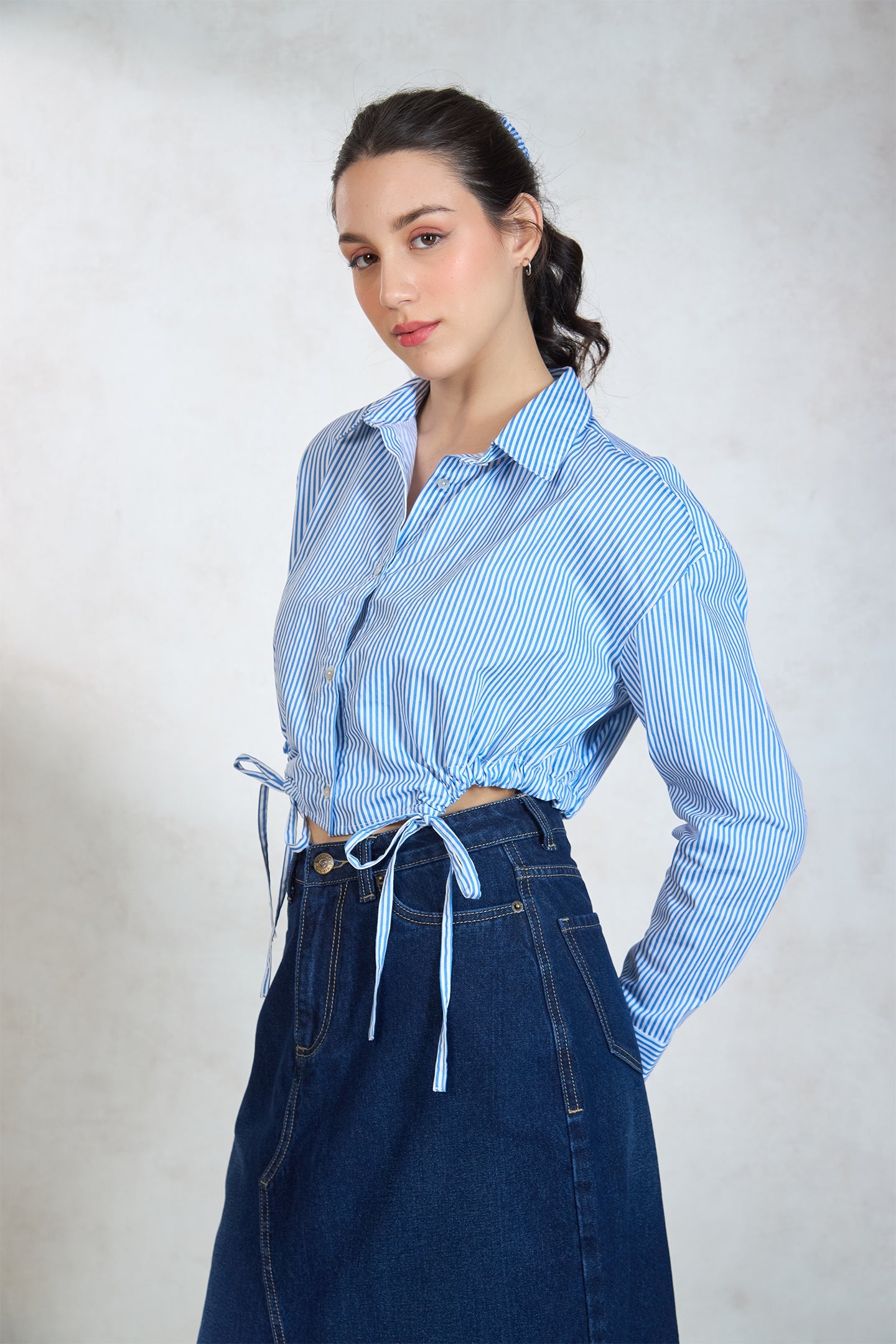 100% Cotton Relaxed Tie Hem Striped Shirt