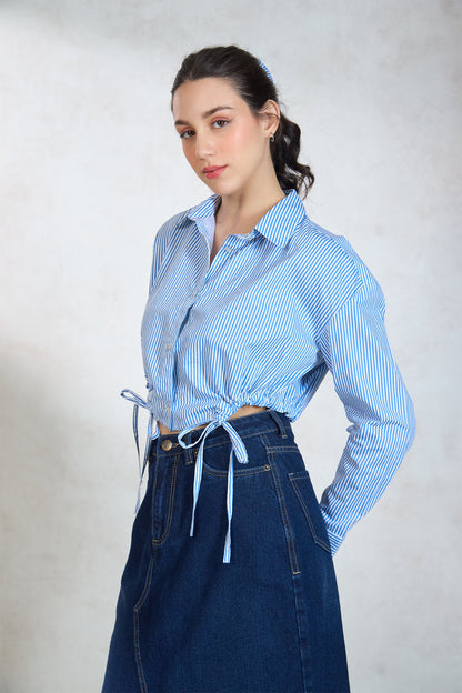 100% Cotton Relaxed Tie Hem Striped Shirt