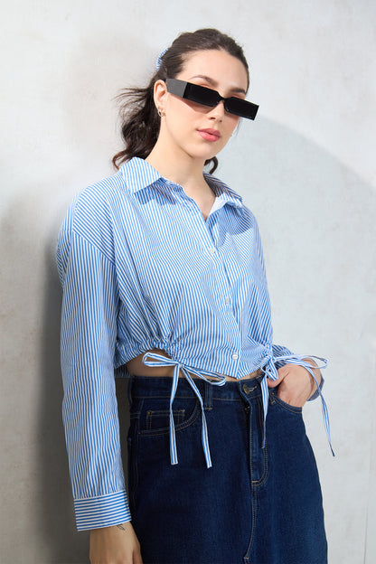 100% Cotton Relaxed Tie Hem Striped Shirt