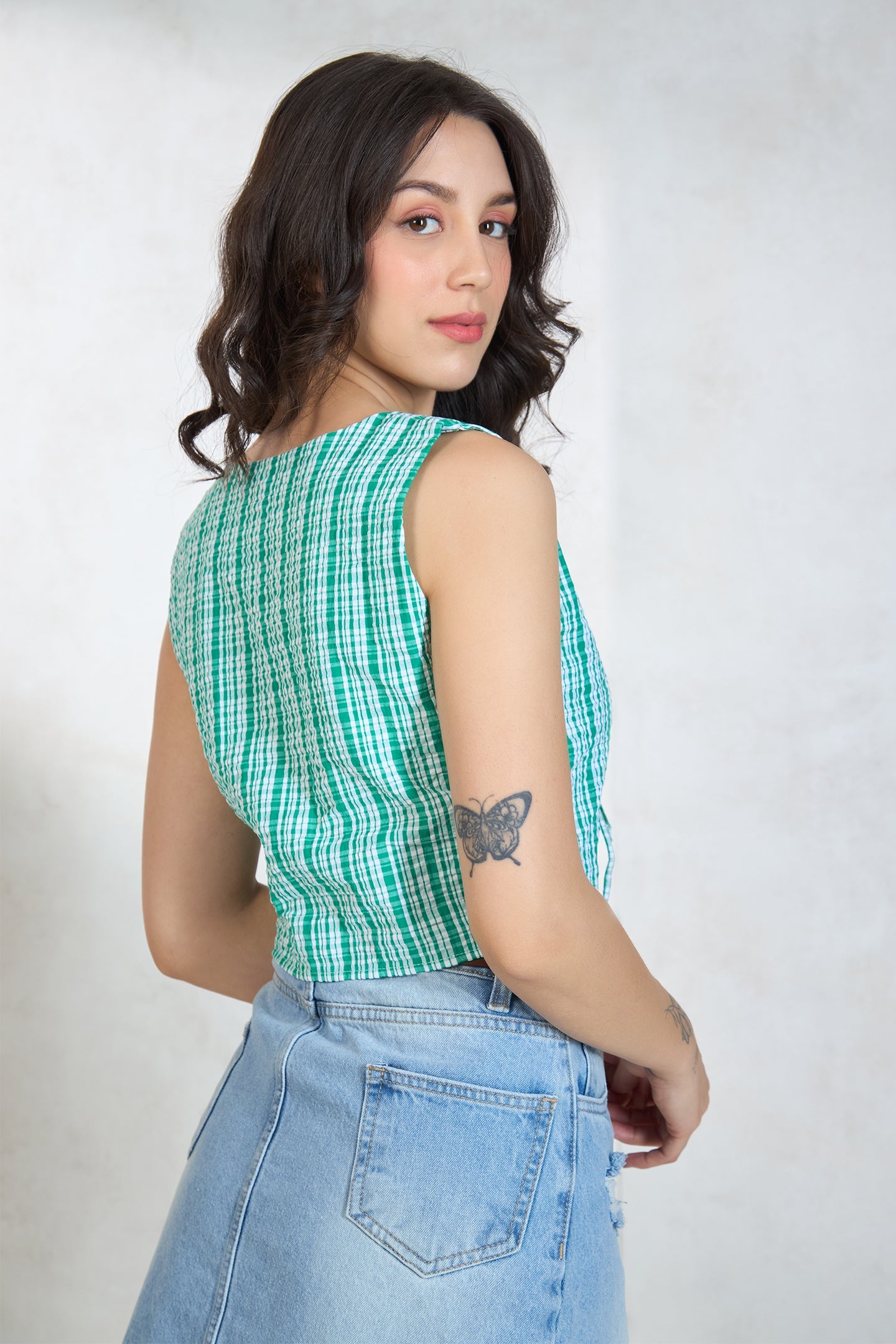 100% Cotton Green Top With Front Tie-Up