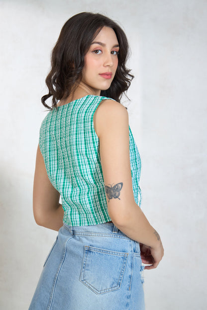 100% Cotton Green Top With Front Tie-Up